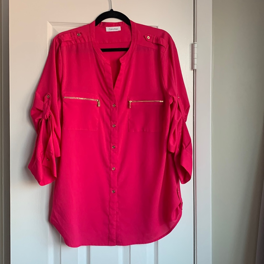 Calvin Klein Pink Button Down Blouse with Gold Zipper Detail